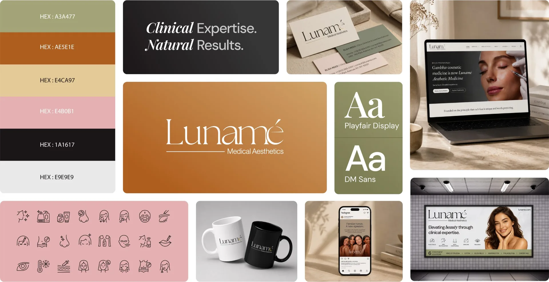 Lunamé brand moodboard — colour palette, logo, typography, iconography and brand applications
