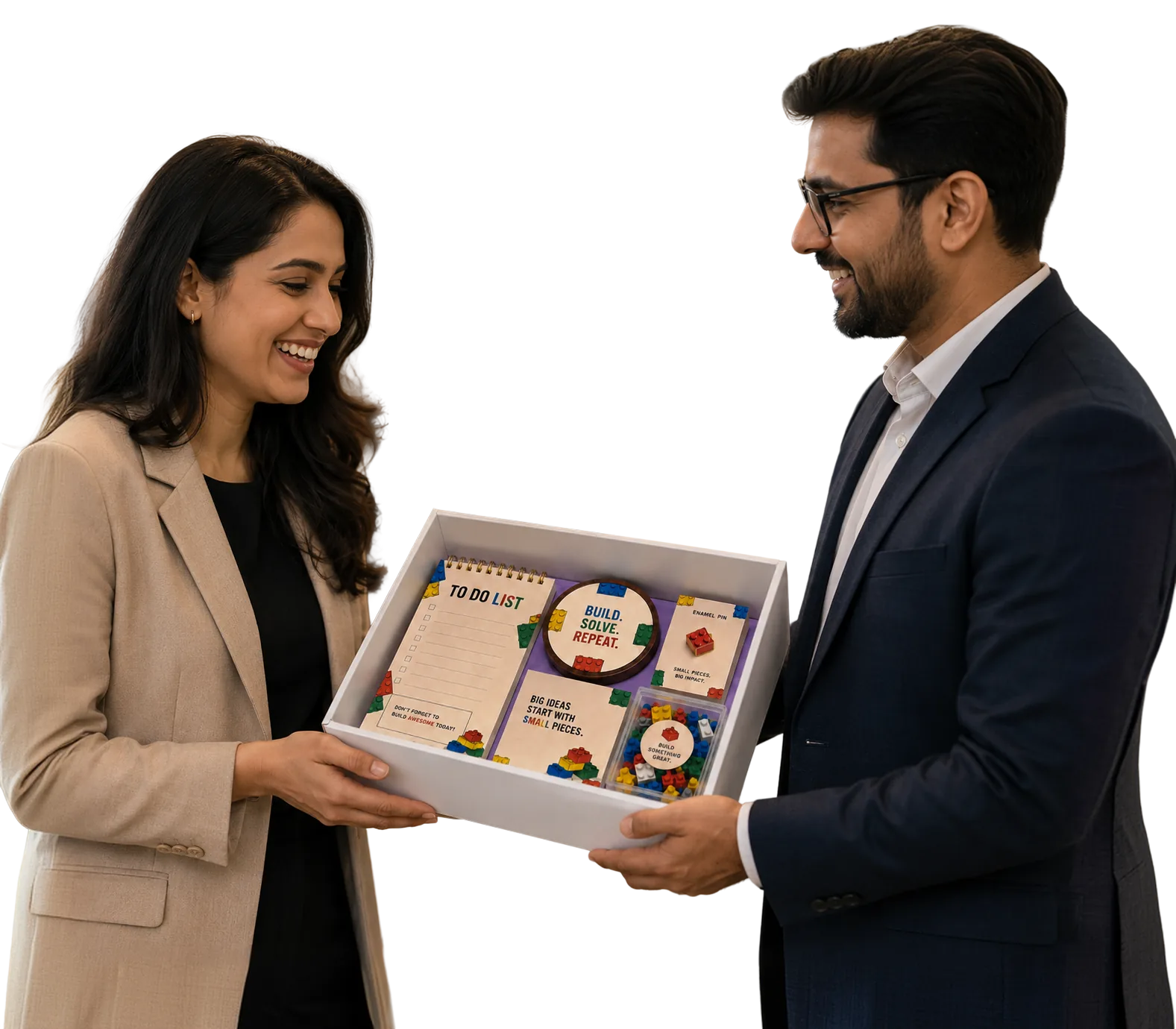 Two colleagues exchanging a curated experiential gift box