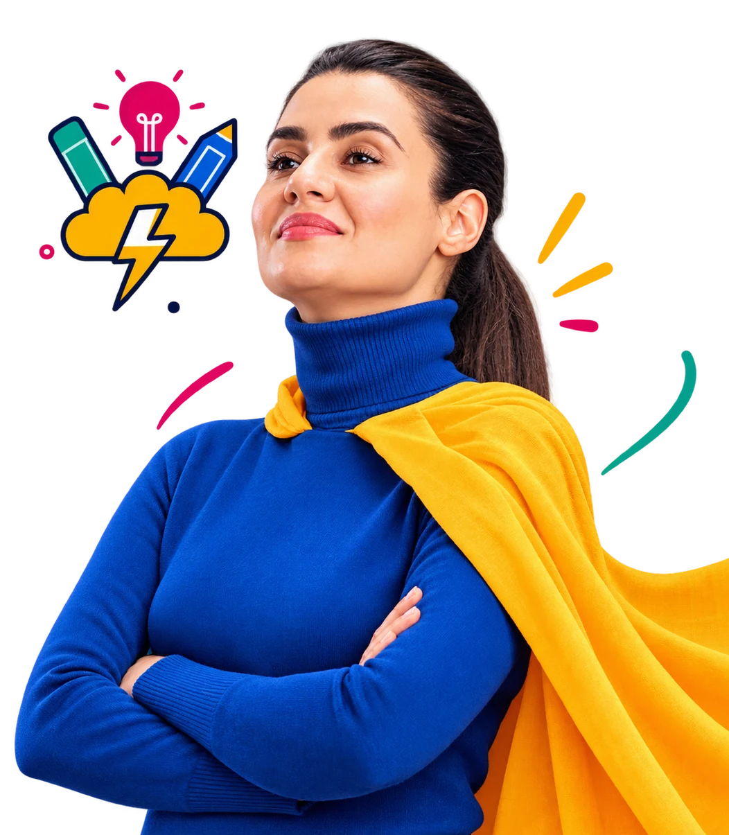 A confident creative woman surrounded by idea doodles